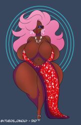 1girls artist_request big_breasts daphne_dress dark-skinned_female dark_skin dress female female_focus female_only huge_breasts original pink_hair red_dress thick_thighs