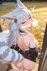 1girl ai_assisted ai_generated animal_ears bare_legs bloom blush closed_eyes colorful depth_of_field dick_in_ass earrings flower_field fox_ears fox_girl fox_tail from_behind grey_hair hair_ornament heavy_breathing incoming_kiss jewelry long_hair looking_at_viewer mature_female messy_hair necklace petals purple_eyes scent shirt_pulled_down skirt skirt_lifted solo striped_tail sweaty tail upper_body virtual_youtuber warm_lighting white_top
