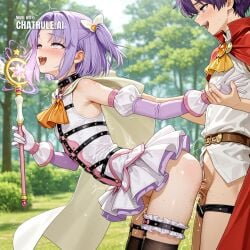 1girl ai_assisted ai_generated bare_shoulders bridal_garter cape cock_in_pussy collar cowboy_shot cowgirl creampie detached_sleeves embarrassed harness holding_wand inside leaning_forward magic magical_girl moaning open_mouth outside parted_bangs purple_eyes purple_hair pussy_sex reaching rolling_eyes saliva shaking shirt side_view skirt sleeveless smile standing stockings thighhighs tree white_gloves white_shirt white_skirt