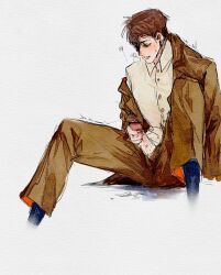 albert_vanderboom birthmark blush breath brown_hair censored erection male male_only masturbation penis penis_out rusty_lake rusty_lake:_roots sitting solo spread_legs suit sweat