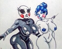 2girls athletic athletic_female ballora ballora_(fnafsl) breasts classic_fnaf_2_marionette classic_fnaf_2_puppet drawn female female_only five_nights_at_freddy's flustered marionette_(fnaf) multiple_girls niteomegamax original_fnaf_2_marionette original_fnaf_2_puppet puppet_(fnaf) pussy