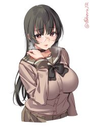 after_fellatio alternate_costume black_choker black_hair black_neckerchief blush breasts breath brown_sailor_collar brown_skirt brown_sweater buttons choker choukai_(kantai_collection) cum ebifurya facial female glasses heart heart-shaped_pupils highres kantai_collection large_breasts lips long_hair long_sleeves looking_at_viewer neckerchief open_mouth pleated_skirt red_eyes rimless_eyewear sailor_collar school_uniform simple_background skirt smile solo sweater symbol-shaped_pupils twitter_username upper_body white_background