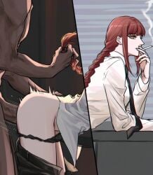 1boy 1girls ai_generated ass bent_over braid braided_ponytail chainsaw_man cigarette clothed_sex collared_shirt dark-skinned_male dark_skin hetero indoors interracial light-skinned_female light_skin long_sleeves makima_(chainsaw_man) motion_lines necktie panties pants panty_pull penis red_hair sex sex_from_behind shirt side_view sidelocks smoking standing standing_sex yellow_eyes