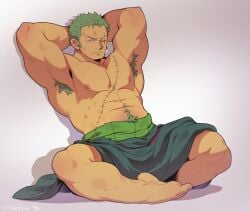 1boy abs armpits bara bara_body bara_tiddies bara_tits barazoku barefoot biceps bigger_male calf_muscles defined_jawline defined_muscles earrings frown frowning gay green_armpit_hair green_hair green_pubic_hair hairy_legs half-dressed half_naked half_nude hands_behind_head handsome handsome_man haramaki japanese_male kimono kimono_pull looking_at_viewer male male_feet male_focus male_only manly masculine masculine_male muscles muscular muscular_male one_piece pecs pecs_bigger_than_head pectorals pirate post-timeskip pubic_hair roronoa_zoro scar scar_across_eye scar_on_chest scar_on_face scars shirtless six_pack solo solo_focus solo_male tall_male taller_male tough_guy trapezius triceps vidrith yaoi