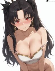 1girl 1girls ai_generated angry armpit_crease bare_shoulders black_hair blush breasts closed_mouth collarbone crop_top fate/grand_order fate_(series) hair_ornament hi_res high_quality high_resolution highres ishtar_(fate) large_breasts light lips long_hair looking_at_viewer navel no_pants nose opal_nemy patreon_logo patreon_url patreon_username plain_background red_eyes self_upload shadow shiny shiny_clothes shiny_hair shiny_skin shy simple_background solo sweatdrop twintails watermark white_background wide_hips