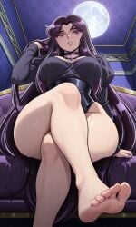 1girls ai_generated big_breasts black_hair breasts busty crossed_legs curvy feet feet_focus female goth huge_ass huge_breasts human light_skin long_hair low-angle_view pale pale-skinned pandora_(saint_seiya) pixai pov purple_eyes saint_seiya solo suggestive thicc thick_thighs villainess