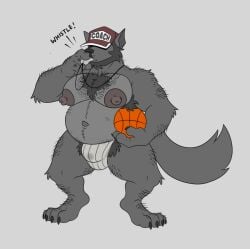 anthro arm_hair armpit_hair ball basketball_(ball) belly big_belly biped black_body black_fur black_hair black_nose body_hair bulge canid canine canis chest_hair clothing coach detailed_bulge fur grey_background grey_body hair hat headgear headwear hi_res jockstrap leg_hair male male_anthro mammal mature_male musclegut muscular navel nipples pube_peek pubes simple_background solo tail tenderule34 underwear whistle_(object) wolf