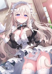 1girl animal_ears blonde_hair blush bow bow_panties breasts cat_ears cat_tail garter_belt garter_straps hair_ornament hair_ribbon hairband highres lace lace-trimmed_legwear lace-trimmed_panties lace_stockings lace_trim large_breasts long_hair maid maid_apron maid_headdress maid_outfit maid_uniform nekomimi original panties ribbon ribbon_panties shiono_(0303) skirt_lift stockings straight_hair teapot twintails
