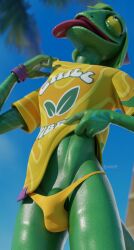 2026 3d anthro backwards_hat blender bulge bulge_in_panties chameleon epic_games fortnite hat headwear humanoid lizard male male_only outdoors palm_tree panties rimstar scalie shiny_skin shirt slim solo solo_male video_games ziggy_(fortnite)