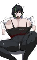 1girls bisected black_hair blood breasts collared_shirt corpse cut_in_half death dismemberment gore green_eyes green_hair guro hokkairo huge_breasts imminent_death imminent_guro multicolored_hair nipples office_lady open_shirt pants snuff squirting streaked_hair tie