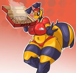 adorable anthro bee bee_girl big_breasts black_sclera black_stripes captain_dagon color cute delivery_employee female_only furry_female hi_res huge_tail huge_thighs peace_sign pizza pizza_bee_(xexeezy) pizza_box solo_female striped_body tight_clothing voluptuous white_eyes wide_hips wink winking_at_viewer yellow_fur