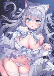 1girls animal_ears blush bow bow_panties breasts cat_ears cat_tail collar detached_collar detached_sleeves dress frilled_collar frilled_dress frilled_skirt frills gray_hair hair_ornament hair_ribbon hairband highres large_breasts long_hair nekomimi original panties purple_hair ribbon_panties shiono_(0303) skirt_lift socks straight_hair thigh_strap tied_hair