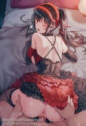 1boy 1girl ai_generated all_fours anus ass ass_grab back bare_shoulders black_dress black_gloves black_hair blush breasts choker clock_eyes clothed_female_nude_male clothed_sex cocomiyart cross-laced_clothes date_a_live doggystyle dress elbow_gloves frilled_dress frilled_hairband frills gloves hairband hetero highres large_breasts lolita_fashion lolita_hairband long_hair looking_at_viewer looking_back nipples nsfw nude on_bed one_eye_closed open_mouth penis pillow pov pussy red_dress red_eyes sex sex_from_behind solo_focus thighhighs tokisaki_kurumi twintails two-tone_dress uncensored vaginal