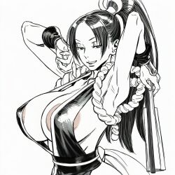 aquaberrymarine areola_slip areolae armpits black_and_white cleavage colored_nipples erect_nipples fatal_fury huge_breasts king_of_fighters lifting_arms mai_shiranui monochrome nipples_visible_through_clothing ponytail seductive selective_color sideboob smiling_at_viewer snk