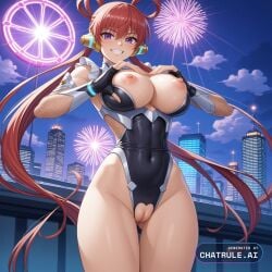 1girl ai_assisted ai_generated armor bare_shoulders black_bodysuit city cityscape clouds cowboy_shot crotchless curvy dark_theme detailed_pussy elbow_gloves fingerless_gloves fishnets flower_field gloves grin heart_hands high_contrast kagami_hirotaka koukawa_oboro large_breasts looking_at_viewer narrow_waist neon_lights night night_sky one_piece outdoors purple_eyes skindentation smile soft_shading source_anime sun sunlight taimanin_asagi_zero taimanin_suit teeth thigh_gap uta_(one_piece) visible_pussy