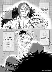 2boys ? age_difference anal anal_sex arm_tattoo blush breath caught_in_the_act chest_tattoo comic completely_nude donquixote_rosinante embrace english_text facial_hair gay goatee implied_anal lipstick looking_at_viewer meme monochrome no_visible_genitalia nude one_piece open_mouth pov saliva_trail scars sideburns sitting sitting_on_lap sitting_on_person somehow_has_time-traveled_(meme) splunkydunk surprised sweat tattoo tattoos time_paradox time_travel tongue_out trafalgar_law walked_in_on yaoi