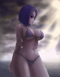 1girls big_breasts bikini breasts dc dc_comics detailed_background female female_only front_view hand_on_arm huge_breasts human looking_at_side looking_at_viewer ocean pale_skin pinup purple_bikini purple_bra purple_eyebrows purple_eyes purple_hair purple_panties purple_skin purple_swimsuit rachel_roth raven_(dc) saf-404 safartwoks safartworks serious_look short_hair smooth_skin solo swimsuit swimwear teen_titans wide_hips widescreen