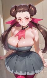 ai_generated brown_hair cleavage collarbone gym_leader large_breasts large_forehead pokemon red_eyes roxanne_(pokemon) sfw skirt slombert strapless strapless_dress tights