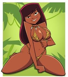 1girls big_breasts bikini bikini_bottom bikini_top black_eyes breasts cavewoman clothed dark-skinned_female dark_hair dark_skin female female_only green_background grimphantom hand_between_legs jessica_jaclyn jessica_jaclyn_(rise_of_the_tmnt) jungle jungle_girl leopard_print long_hair looking_at_viewer necklace nickelodeon rise_of_the_teenage_mutant_ninja_turtles smirk teenage_mutant_ninja_turtles tooth_necklace tugging_clothing white_background