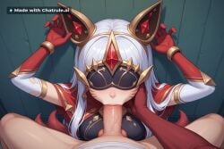 1girl ahri ai_assisted ai_generated animal_ears asymmetrical_gloves back_against_wall balls_deep black_dress capelet deep deepthroat dominated earrings elbow_gloves evil_smile eye_mask face_fuck facial_mark facing_viewer gold_trim hands_tied_above_head high_quality highres holding_mask jewelry large_breasts league_of_legends long_hair multiple_tails petite_body pov puffy_sleeves red_gloves ripped_clothes sitting_on_knees skinny small_breasts small_tits tiny_tits white_gloves white_hair young