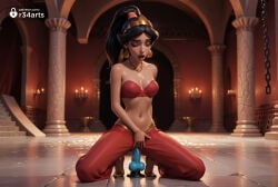 1girls ai_generated aladdin aladdin_(1992_disney_film) arabian_clothes artist_name bandeau bare_shoulders black_hair breasts candle chain cleavage closed_eyes collarbone dark-skinned_female dark_skin dildo dildo_riding earrings eyeshadow female_human female_masturbation full_body hi_res high_ponytail hoop_earrings huge_dildo indoors jewelry kneeling lipstick long_hair makeup masturbation medium_breasts navel necklace open_mouth pants ponytail princess_jasmine r34arts red_lips red_pants sex_toy solo spread_legs squatting stomach strapless tiptoes