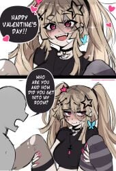 1boy 1girl 2koma :d absurd_res artist_name blonde_hair blush choker comic cross dokidomiki hetero highres holding_legs miki_(dokidomiki) original original_character pentagram simple_background sweat teeth white_background wholesome