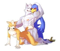 2019 abs absurd_res all_fours alpha_channel anal anal_penetration anthro anthro_on_anthro anthro_penetrated anthro_penetrating anthro_penetrating_anthro areola avian biceps biped bird bodily_fluids canid canine canis colored countershading cum digital_media_(artwork) erection eyes_closed falco_lombardi feathers fox fox_mccloud fur fur_markings genital_fluids genitals gloves_(marking) group group_sex hair hi_res humanoid_genitalia humanoid_penis interspecies jrjresq kneeling leg_markings lucky_pierre male male/male male_penetrated male_penetrating male_penetrating_male mammal markings muscular muscular_anthro muscular_male nintendo nipples nude nude_anthro nude_male obscured_penetration penetration penile penile_penetration penis penis_in_ass precum precum_string sex shaded simple_background smile socks_(marking) star_fox tail threesome train_position transparent_background trio wolf wolf_o'donnell