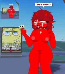 1girl billboard blue_background boobs burnout_bandit choker cum cum_drip cum_on_body cum_on_face demon_girl female_only full_body looking_down naked_female nipple_piercing nude popsicle questioning red_body red_eyes red_hair reference_image roblox roblox_avatar roblox_background robloxian solo spongebob_squarepants spongebob_squarepants_(character) succubus thighs womb_tattoo