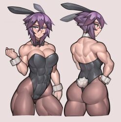 1girls abs absurdres animal_ears artist_name ass ass_visible_through_thighs back bow bowtie breasts cowboy_shot detached_collar fake_animal_ears fake_tail female grey_background grey_eyes hair_between_eyes hand_on_hip highres large_breasts leotard looking_at_viewer maya_(roadi3) multiple_views muscular_female original pantyhose purple_hair rabbit_ears rabbit_tail roadi3 scar scar_on_face scar_on_nose short_hair simple_background strapless strapless_leotard tail twitter_username watermark wrist_cuffs