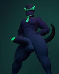 1boy 3d 4:5 absurd_res anxiboi balls big_balls big_penis blue_body blue_fur clothing curvy_figure fluffy fluffy_tail freckles fur genitals green_horn green_teeth hands_behind_back hat headgear headwear hi_res horn humanoid humanoid_genitalia humanoid_penis male male_only necktie penis presenting smile smirk solo thick_thighs top_hat vein veiny_penis voluptuous