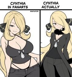 1girl 2koma alternate_breast_size_(larger) arms_at_sides artist_name bare_shoulders big_breasts black_coat black_panties black_pants black_shirt blonde_hair breasts canon_vs_fanon_(meme) cleavage coat collarbone comic commentary cowboy_shot crop_top curvy cynthia_(pokemon) english_text fur-trimmed_coat fur-trimmed_sleeves fur_collar fur_trim game_freak grey_eyes hair_ornament hair_over_one_eye halterneck highleg highleg_panties highres large_breasts light_smile long_hair mafufim meme narrow_waist nintendo panties pants pokemon pokemon_diamond/pearl/platinum pokemon_dppt seductive_smile shirt skinny small_breasts smile spaghetti_strap underwear untranslatable_commentary very_long_hair