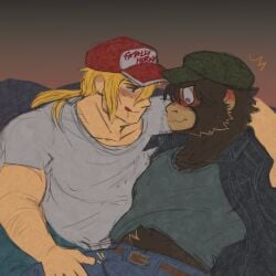 1:1 anthro anticipation arm_around_shoulders bar_emanata baseball_cap bedroom_eyes black_clothing black_jacket black_topwear blonde_hair blue_bottomwear blue_clothing blue_eyes blue_jeans blue_pants blush blush_lines bottomwear brown_body brown_fur bulge canon_x_oc clothed clothing clothing_lift denim denim_bottomwear denim_clothing denim_jacket denim_topwear duo eight_(snake_venom) emanata erection erection_under_clothing flash_emanata flustered fur gradient_background green_clothing green_hat green_headwear grey_clothing grey_shirt grey_topwear hair hairless_face hand_on_leg hand_on_thigh haplorhine hat headgear headwear hi_res human imminent_sex jacket jeans licking licking_lips light_body light_skin long_hair looking_at_another looking_at_hand looking_down lustful_gaze male male/male mammal monkey narrowed_eyes nipple_outline olive_skin pants ponytail primate pubes pubes_exposed red_clothing red_hat red_headwear scribble_eyes seductive selfship shirt shirt_lift simple_background sitting snake_venom t-shirt tenting terry_bogard text text_on_clothing text_on_hat text_on_headwear tongue tongue_out topwear white_clothing white_shirt white_topwear