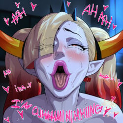 1girl ai_generated artificialfox bimbo bimbofication bimbofied blue_skin blush heart heavy_breathing hekapoo horns looking_at_viewer open_mouth pointy_ears saliva sharp_teeth solo star_vs_the_forces_of_evil sweat teeth tongue tongue_out