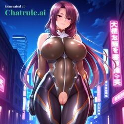 1girl ai_assisted ai_generated armor bare_shoulders black_bodysuit brown_hair city cityscape clouds cowboy_shot crotchless curvy dark_theme detailed_pussy elbow_gloves fishnets gloves hair_scrunchie high_contrast kagami_hirotaka koukawa_oboro long_hair looking_at_viewer neon_lights night night_sky outdoors pink_eyes pink_lips soft_shading taimanin_asagi_zero taimanin_suit thigh_gap visible_pussy