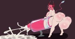 ass balls bloomz breasts breeding_mount commissioner_upload cum cum_mess cumming futa_only gradient_horns handsfree_ejaculation heart horsecock horsecock_futa horsecock_futanari looking_back motion_lines original_character pink_eyes pink_hair solo_futa tail veiny_penis ych_commission ych_result