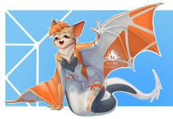 anthro aquatic barcode bat bound bulge chinese_text clothing cute_fangs detailed_bulge english_text fangs fur fused_legs gesture glistening glistening_latex glistening_thighs hair hand_on_ground latex latex_clothing latex_mermaid latex_skinsuit legs_tied logo logo_on_clothing looking_at_viewer male mammal merfolk mermaid_suit mermaid_tail navel neck_tuft open_mouth orange_eyes orange_hair orange_latex raised_arm shanher skinsuit solo split_form spread_wings tan_body tan_fur teeth text text_on_clothing text_on_latex thick_thighs tight_clothing tongue tuft waving waving_at_viewer white_latex wings