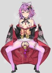 1girl 1girls anal anal_plug blush breasts_out dildo_in_ass dildo_in_pussy female female_focus female_only high_heels ikidumi legs nervous_smile nipple_piercing presenting_pussy showing_pussy small_breasts spade_tattoo squatting squirting stockings used_condom used_condom_on_head used_condoms