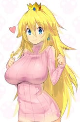 anime anime_style blonde_female blonde_hair blue_eyes boobs breasts crown cute earrings heart heart_symbol hips huge_breasts jewel large_breasts long_hair mario_(series) nintendo not_ai_generated peach pink_clothing princess_peach sagging_breasts sexy sharp smile smiling_at_viewer sweater white_background wholesome wide_eyed yellow_hair