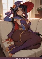 1girl ai_assisted ai_generated ass bebora black_hair breasts elbow_gloves genshin_impact gloves hat high_heels indoors long_hair looking_at_viewer mona_(genshin_impact) pantyhose pillow plant solo twintails witch_hat