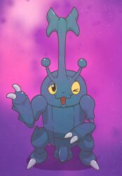2_fingers anthro argon_vile arthropod balls blue_body fingers gay generation_2_pokemon genitals heracross hi_res homosexual homosexual_male horn insect looking_at_viewer male male/male male_focus male_only male_penetrating nintendo one_eye_closed penis pokemon pokemon_(species) smile solo wink winking_at_viewer