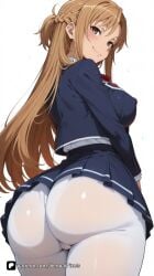 1girl ai_generated artist_name ass asuna_(sao) asuna_yuuki bangs blue_jacket blush braid breasts brown_eyes brown_hair cameltoe closed_mouth covered_nipples from_behind jacket large_breasts long_hair long_sleeves looking_at_viewer looking_back pantyhose pantylines patreon pleated_skirt questionable school_uniform senpai_pixels simple_background skirt smile solo sword_art_online thighs white_background white_pantyhose yuuki_asuna