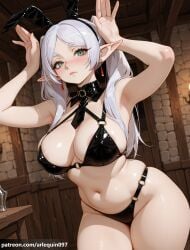 1girl ai_generated alternate_breast_size alternate_costume animal_ears areola_slip arlequin097 armpits arms_up bikini black_bikini black_collar blush breasts cleavage closed_mouth collar curvy detached_collar drop_earrings earrings elf fake_animal_ears frieren frieren_beyond_journey's_end green_eyes grey_hair indoors jewelry large_breasts long_hair looking_at_viewer navel necktie o-ring o-ring_bikini parted_bangs patreon_username plump pointy_ears rabbit_ears rabbit_pose skindentation solo stomach swimsuit thick_eyebrows thick_thighs thighs twintails white_hair wide_hips wooden_wall