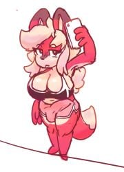 anthro big_breasts biped breasts bulge canid canine cellphone clothing detailed_bulge digital_media_(artwork) electronics erection erection_under_clothing fox genital_outline gynomorph gynomorph_anthro hair hi_res intersex intersex_anthro mammal memopemo penis_outline phone simple_background smartphone solo tail taking_picture taking_selfie