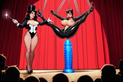 2girls ai_generated areola_slip areolae audience ball_gag batman_(series) big_breasts black_hair blue_eyes bodysuit bondage bowtie breasts breasts_bigger_than_head breasts_out catsuit catwoman chains corset dark_hair dc dc_comics defeated_villainess dildo female female_only fishnets gagged giant_dildo green_eyes high_heels imminent_rape impossible_fit justice_league killkong magic magic_wand magician magician_hat nipples performance performing restrained restrained_arms restrained_legs revenge selina_kyle stage stage_curtains stage_lights superheroine suspended_in_midair suspension top_hat unzipped unzipped_bodysuit villainess wand zatanna zatanna_zatara