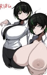1girls black_hair breasts collared_shirt gore green_eyes green_hair guro hokkairo huge_breasts imminent_death imminent_guro multicolored_hair nipples office_lady open_shirt pants snuff streaked_hair tie