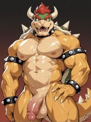 abs ai_generated anthro big_pecs big_penis bowser bracelet collar erection feet_out_of_frame horns male male_only mario_(series) muscular muscular_anthro muscular_male nintendo nipples nude open_mouth pecs penis red_eyes solo spiked_bracelet spiked_collar thick_eyebrows tongue yellow_body yiffinar