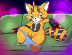 absurd_res anthro bandai_namco biped canid canine clothed clothing detailed_background digimon digimon_(species) digimon_beatbreak female female_anthro flat_chested fur furniture genitals hi_res humanoid_genitalia humanoid_vulva iron looking_back mammal markings neon nude nude_female on_sofa open_mouth panties panties_down partially_clothed paws pristimon short sitting sofa solo striped_markings striped_tail stripes tail tail_markings teeth underwear underwear_down vomonlove vulva wide_hips wool_(fur)