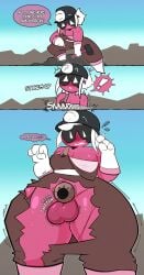 absurd_res anthro balls blush chastity_cage chastity_device clothed clothing comic corruptedcryptid dialogue embarrassed english_text generation_7_pokemon genitals gynomorph hi_res intersex minior minior_(core_form) minior_(meteor_form) nintendo pokemon pokemon_(species) red_core_minior solo text torn_clothing