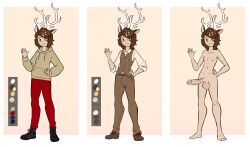 absurd_res animal_ears antlers asroyal_sagittarius boots bottomwear brown_bottomwear brown_clothing brown_hair brown_pants brown_topwear brown_vest cervid clothing digital_media_(artwork) erection fan_character footwear genitals hair hi_res hoodie horn human humanoid male mammal model_sheet nipples nude pale_skin pants penis red_bottomwear red_clothing red_pants reference_sheet silencead33 slim solo solo_male topwear vest yellow_eyes