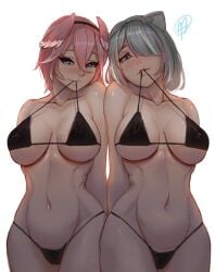 2girls animal_ears belly_button blue_eyes blush bra bra_strap bra_strap_pull bra_straps breasts brown_eyes cameltoe collarbone color colored duo female female_focus female_only gray_hair grey_hair hololive hololive_gen_5 hololive_japan holox hourglass_figure inviting lips midriff multicolored_hair multiple_girls myth1c navel nipple_bulge panties pink_hair pubic_hair pubic_hair_peek shishiro_botan simple_background solid_color_background strap_in_mouth takane_lui thighs thong virtual_youtuber